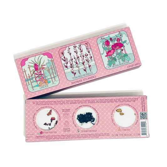 Box of shower steamers in a pink box with floral illustrations