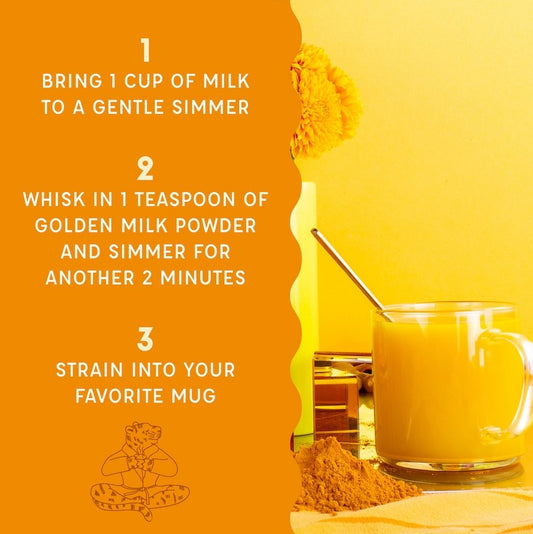 Instructions for making Spicewalla Golden Milk with a glass mug and spice container on an orange background