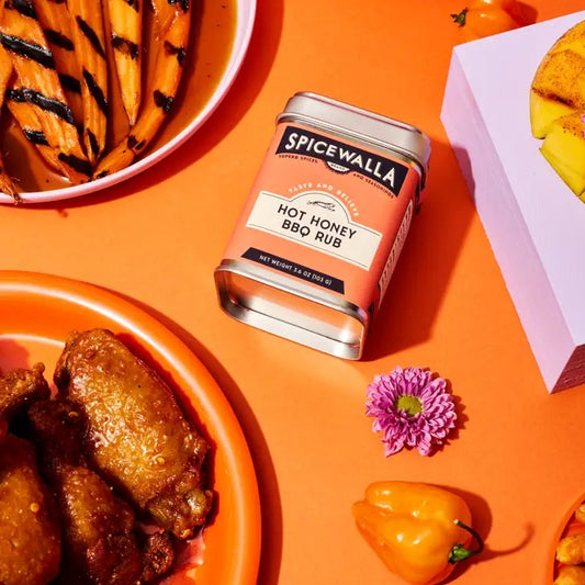 Tin of Spicewalla Hot Honey BBQ Rub with orange label