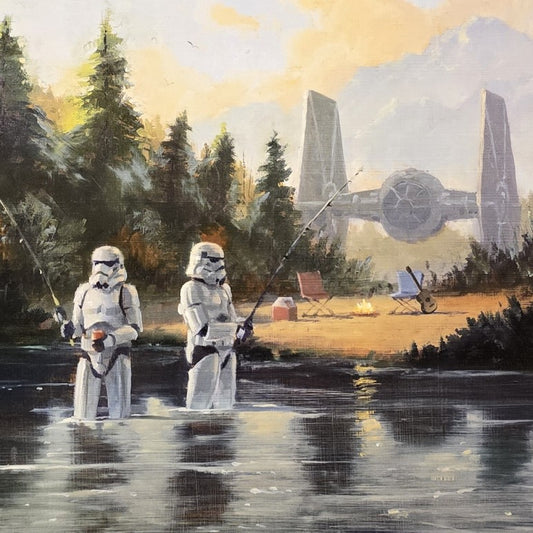 Art print of two Storm Troopers going fishing at a lake with camping chairs and a guitar on the bank behind them