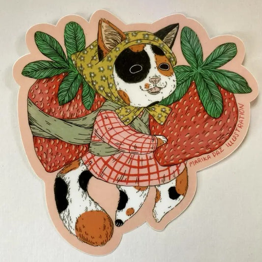 Cat carrying strawberries on a sticker
