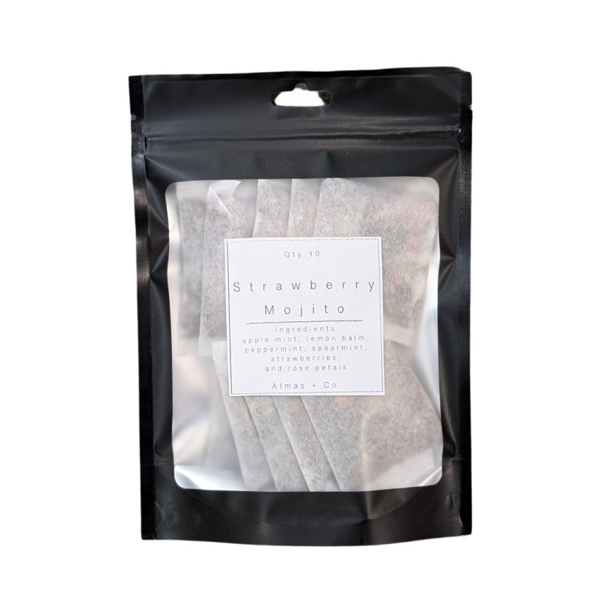 strawberry mojito tea bag in black kraft bag