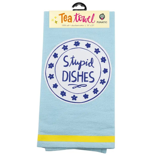 Light blue kitchen towel with an illustration of a dinner plate and the text "stupid dishes" on it