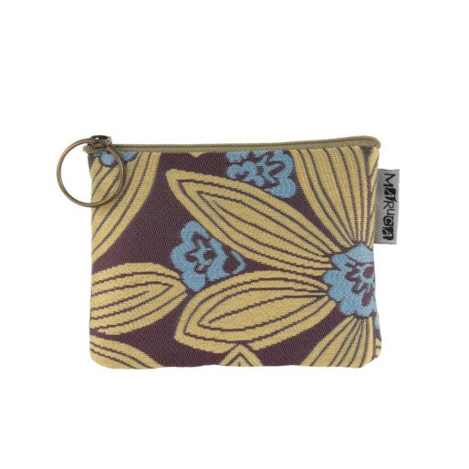 Coin purse with a yellow, blue and dark purple floral pattern