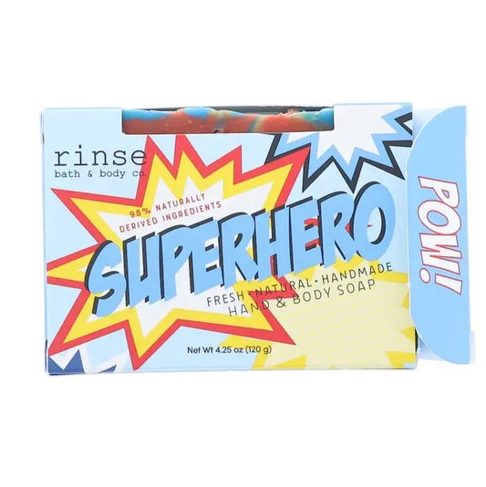 4.5 ounce bar of hand and body soap with the words SUPERHERO and POW on the packaging in comic book lettering