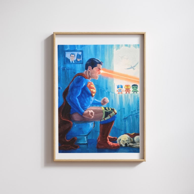Art print of Superman sitting on the toilet, his red heat vision activating from the effort