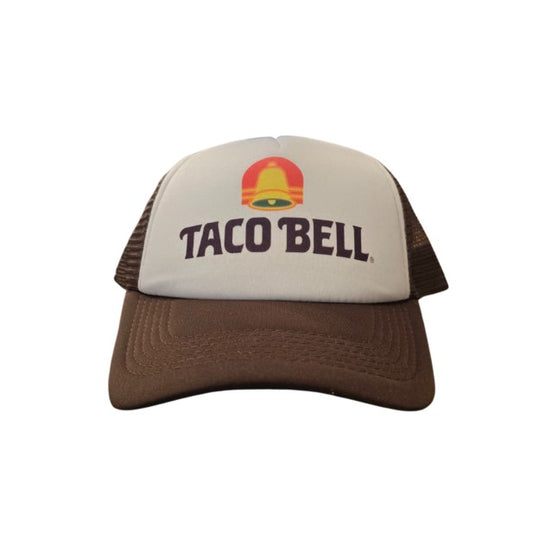 Brown and white baseball cap with the Taco Bell logo on the front