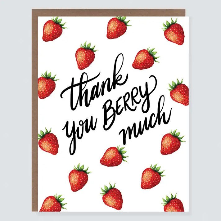 Greeting card with a strawberry pattern and the words "Thank you BERRY much" in black cursive font