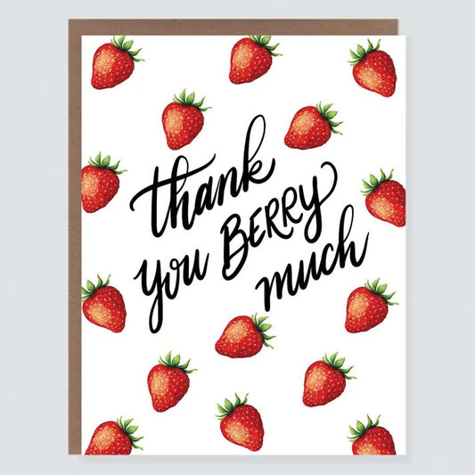 Greeting card with a strawberry pattern and the words "Thank you BERRY much" in black cursive font