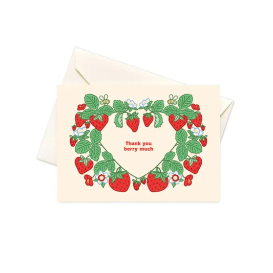 Card that reads "Thank you berry much" surrounded in strawberry vines in the shape of a heart