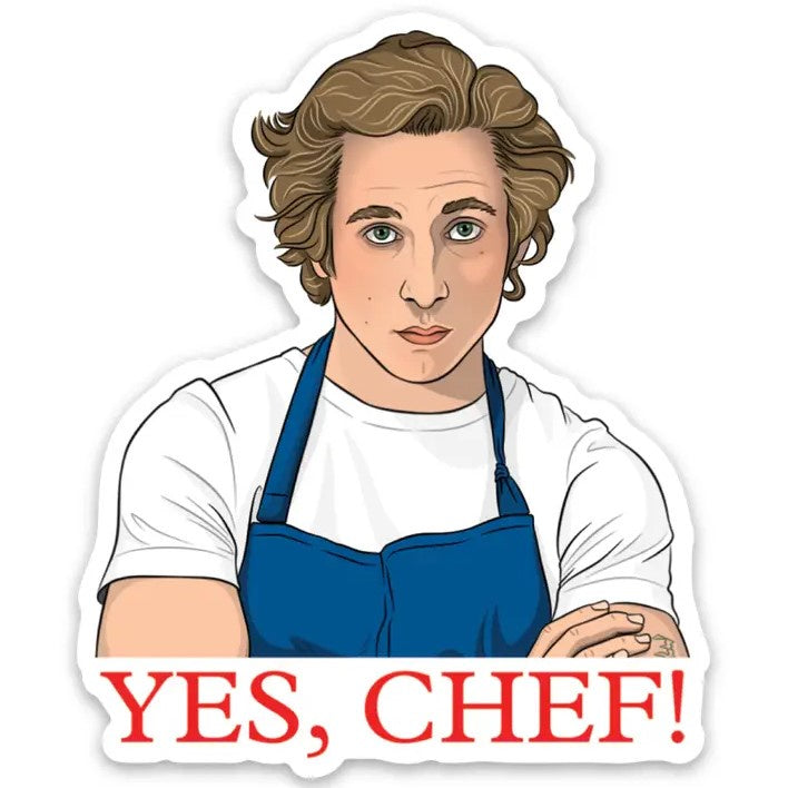 Sticker that depicts Carmy from the TV show The Bear above red text that reads "Yes, Chef!"
