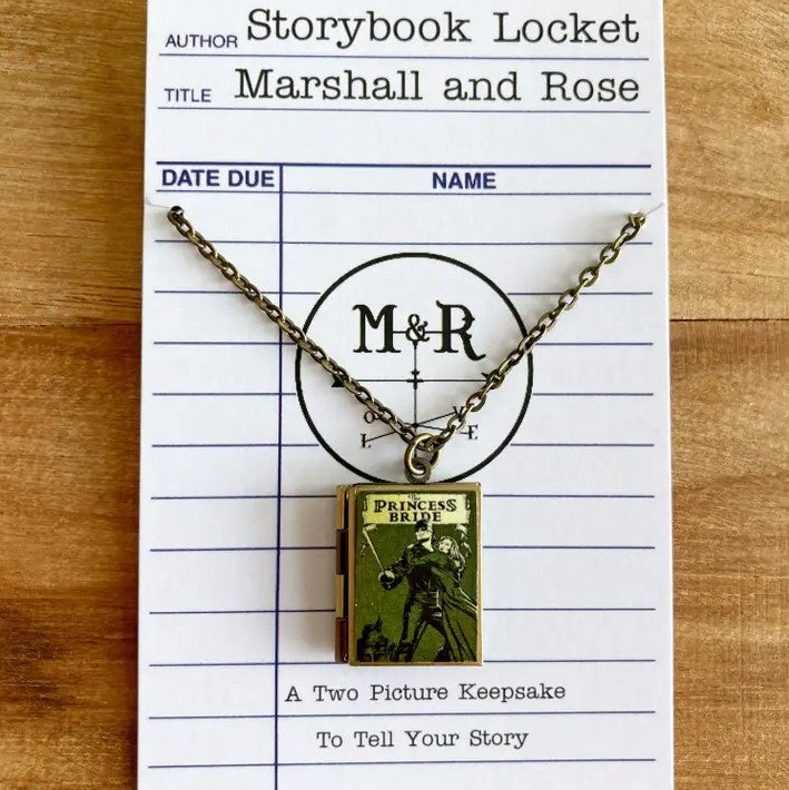 Necklace with a locket shaped like the Princess Bride book