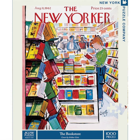 1000 piece puzzle depicting a colorful painted scene of a woman perusing a bookshop