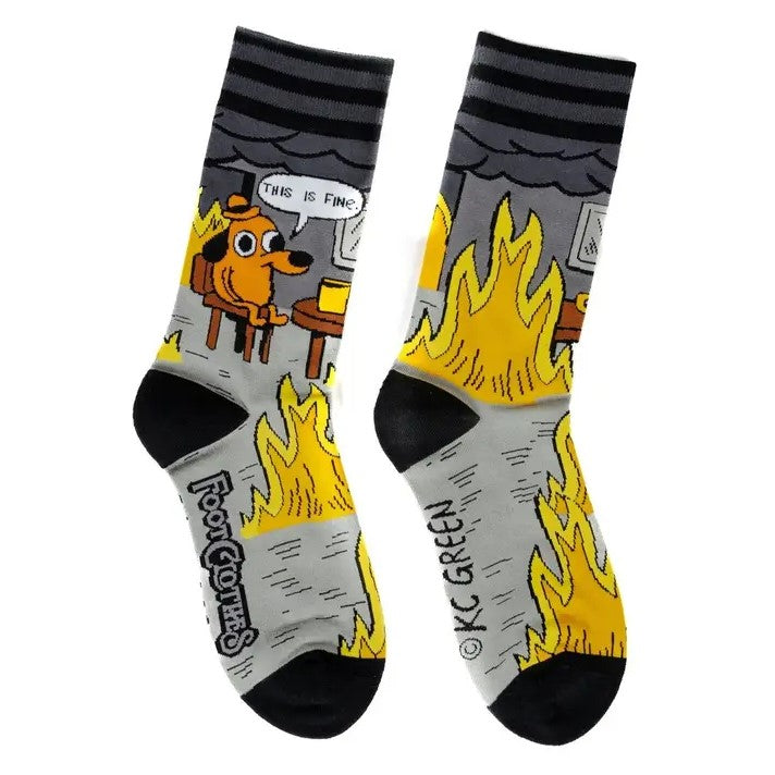 Calf socks featuring an image of a cartoon dog in a burning room saying "This is fine."
