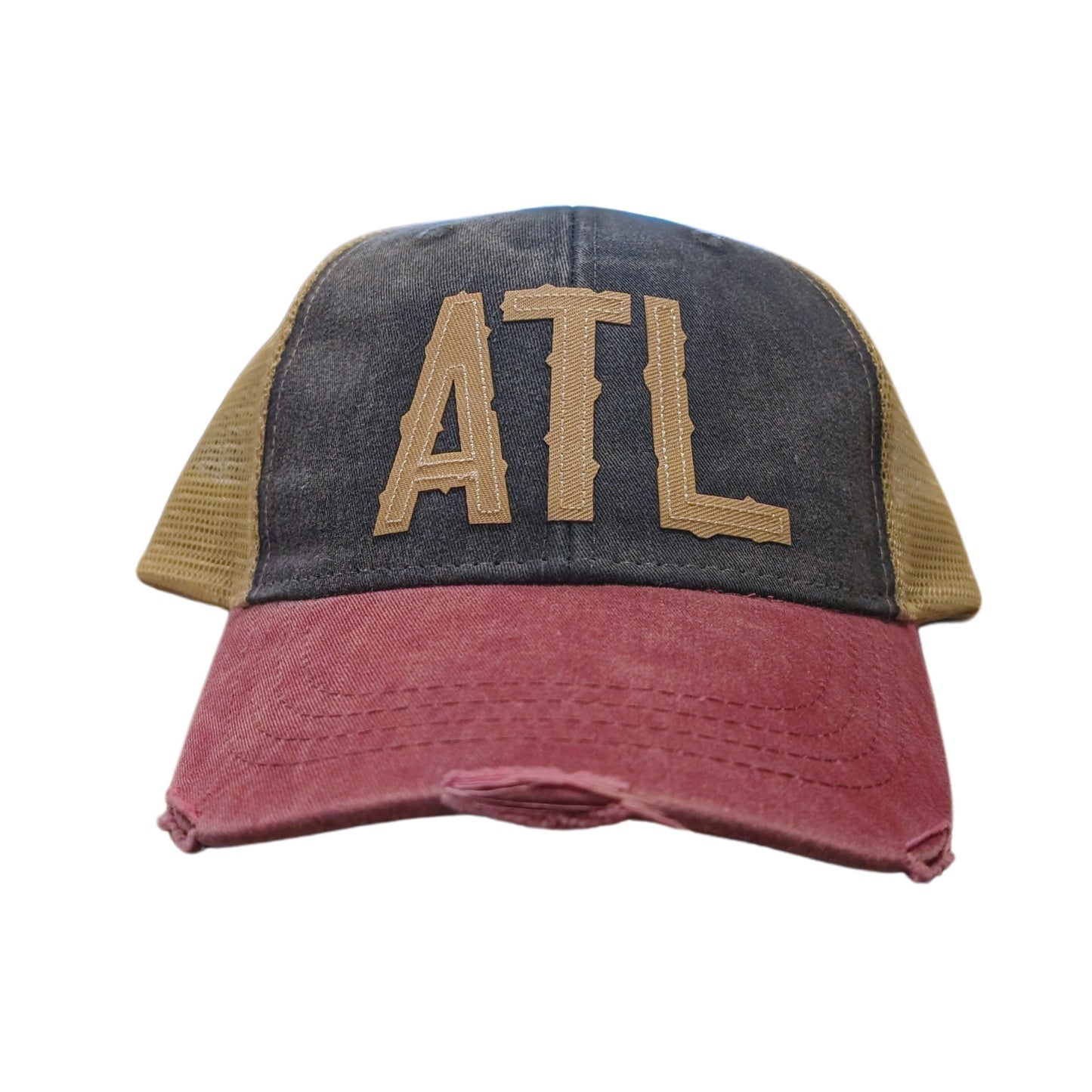 pink and denim blue hat that reads ATL