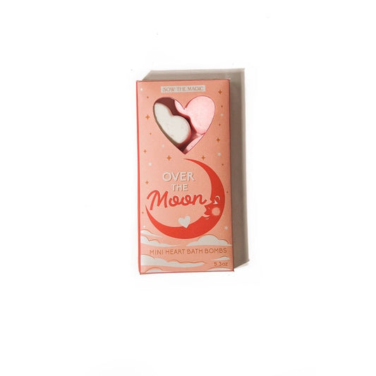 Box of mini bath bombs in pink packaging with a smiling moon on it