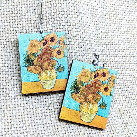 Van Gogh Sunflower Art print on wood earrings