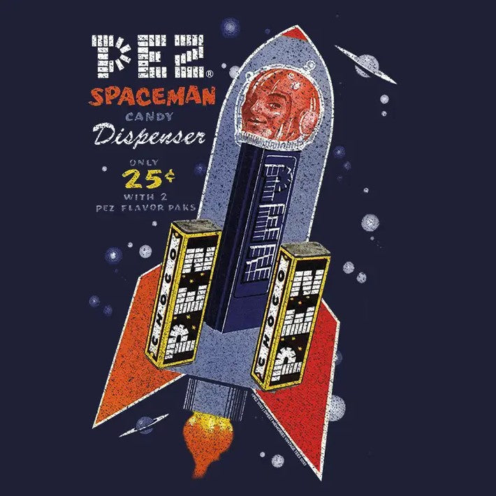 A retro illustration of PEZ dispensers in the shape of a rocket and the text "PEZ Spaceman candy dispenser"
