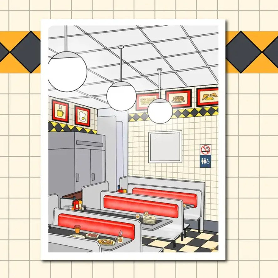 Eight by ten art print depicting the inside of a Waffle House restaurant
