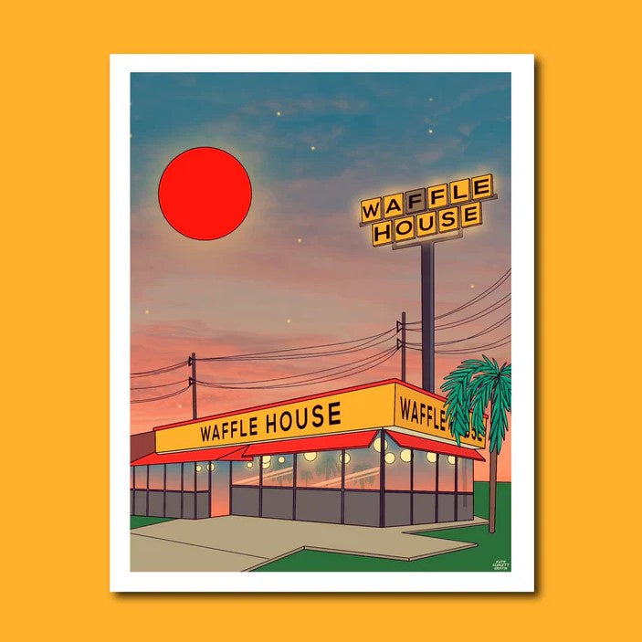 8x10 print of a Waffle House restaurant in front of a sunset and a red sun
