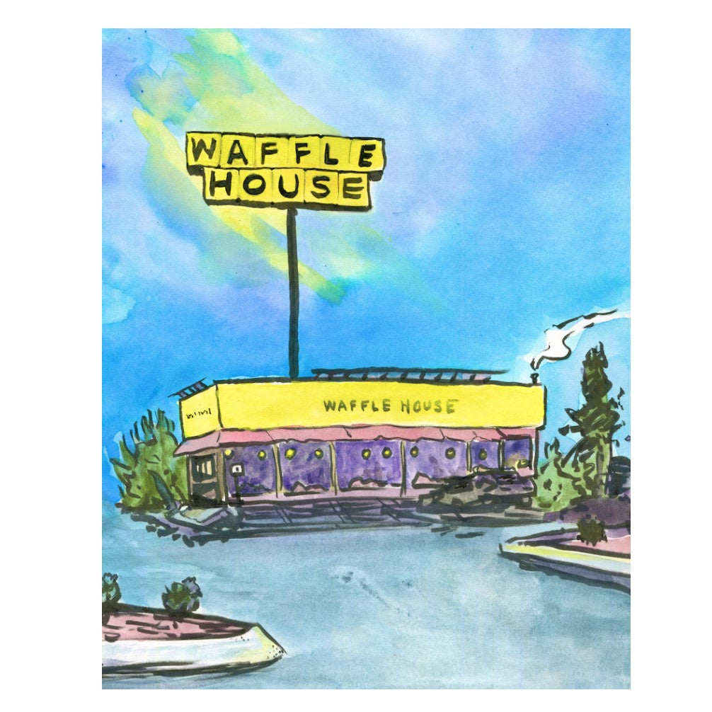 Watercolor art print of a Waffle House restaurant with blue, yellow, pink and purple colors