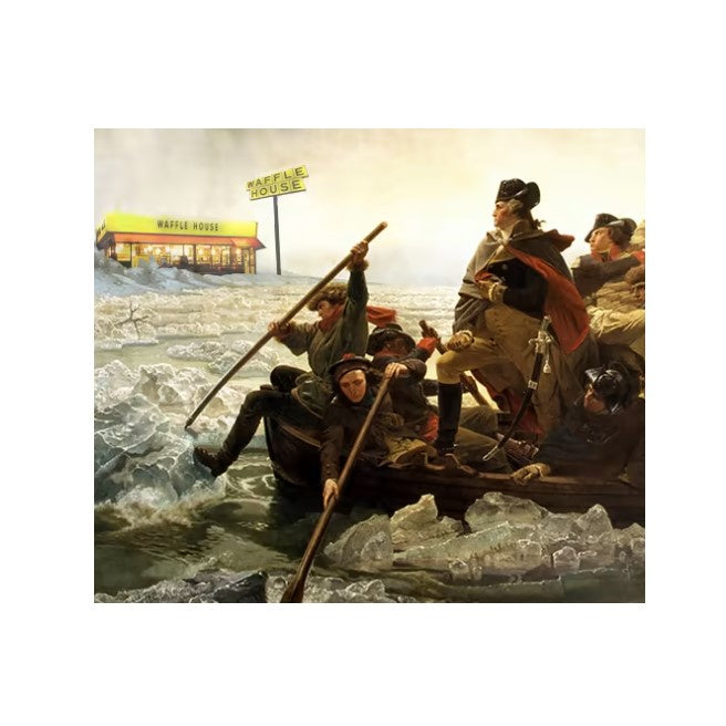 Art print depicting the classic painting of Washington crossing the Delaware toward a Waffle House restaurant