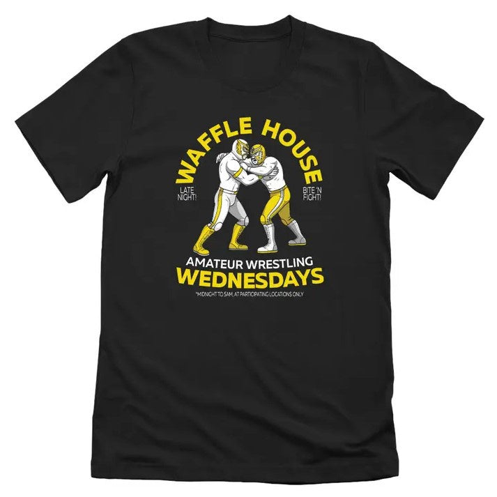 Black t-shirt featuring two wrestlers in bright yellow and white uniforms and the caption "Waffle House Amateur Wrestling Wednesdays"