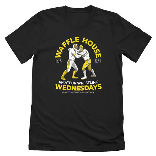 Black t-shirt featuring two wrestlers in bright yellow and white uniforms and the caption "Waffle House Amateur Wrestling Wednesdays"