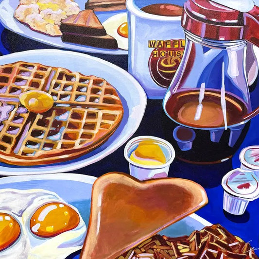 Painting of a Waffle House breakfast
