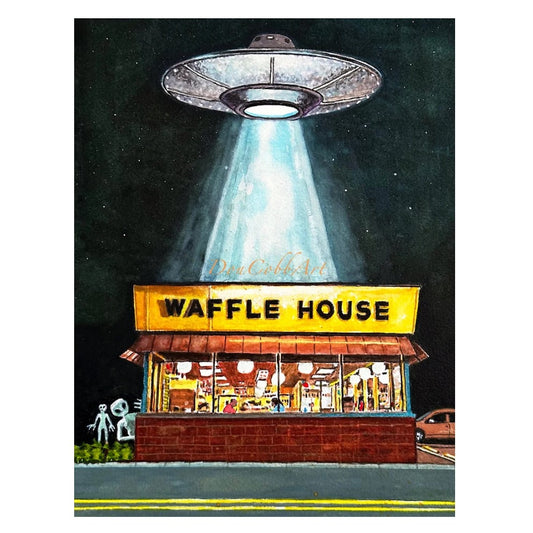 Watercolor art print depicting a UFO above a Waffle House restaurant and two aliens peeking around the side of the building