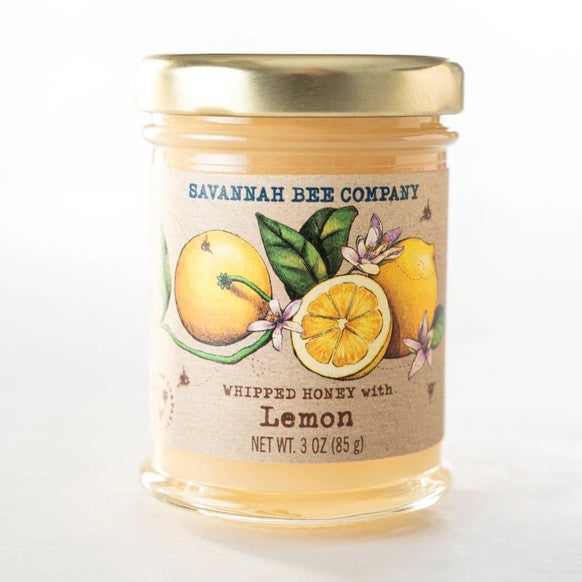 A three ounce glass jar of whipped honey with lemon from Savannah Bee Company