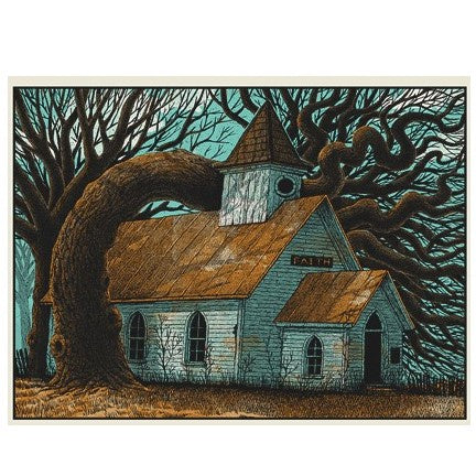 abandonded church with forest in background art print