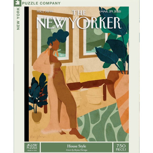 750 piece puzzle depicting a black woman in a dressing gown standing in a living room decorated with plants