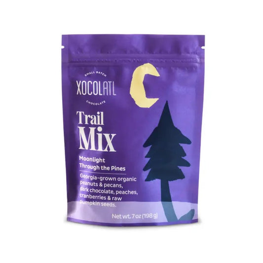 7 ounce bag of trail mix with peanuts, pecans, dark chocolate, peaches, cranberries and pumpkin seeds