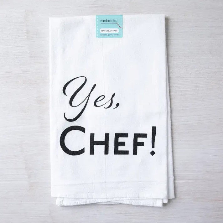 White towel with the words "Yes, Chef!"