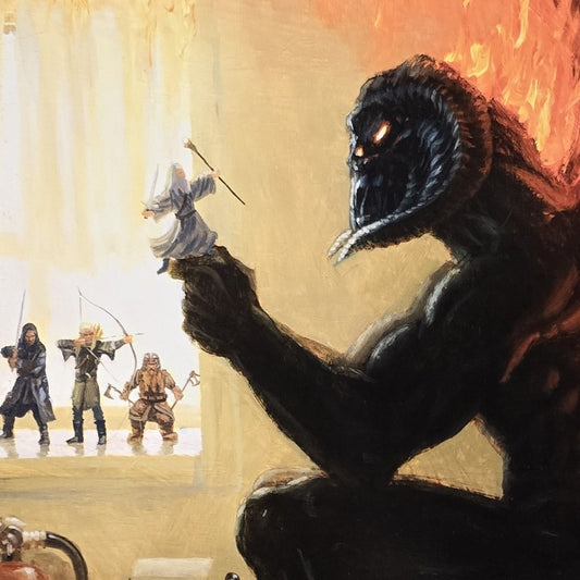 Closeup of a Balrog holding a Gandalf action figure with Aragorn, Legolas and Gimli action figures on the windowsill behind him