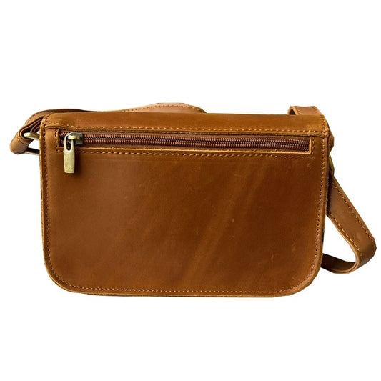 Light brown leather crossbody purse with a back zippered compartment