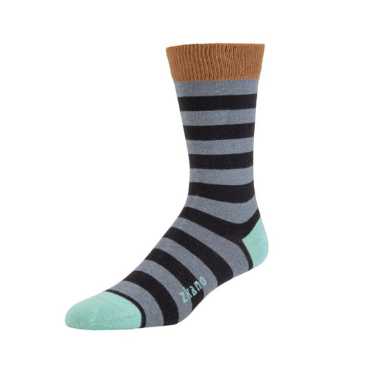 Grey and black striped socks with a mint green toe and heel