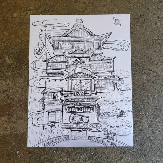 Spirited Away Inspired Print featuring the Tea House in a black and white print