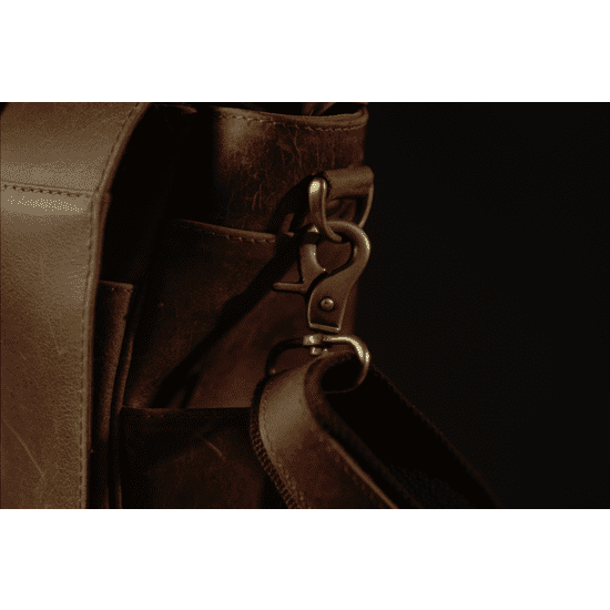 details of leather strap on a messenger bag