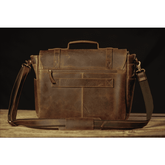 back of handmade leather messenger bag