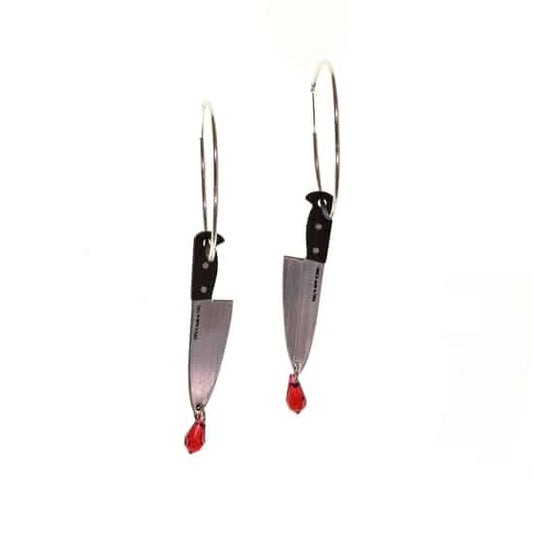 knife earrings with a gemstone on the bottom to look bloody on silver hoops
