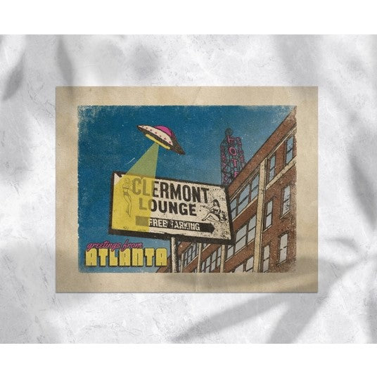 Atlanta altered art print of the clermont lounge with a ufo shining