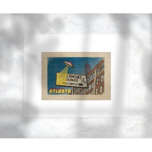 Matted Print of Clermont Lounge artwork modified to show a ufo over the sign
