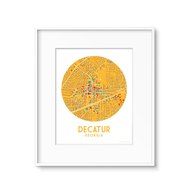 art print featuring a map of decatur georgia in yellow