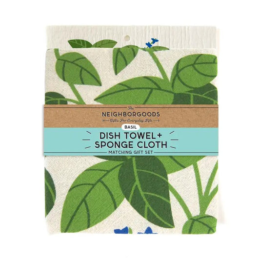 Basil Plant Dish Towel and Sponge cloth Gift Set