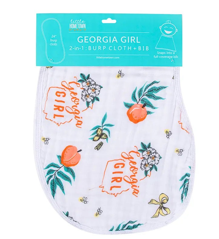 Georgia girl burp cloth and bib set with peaches and state of Georgia