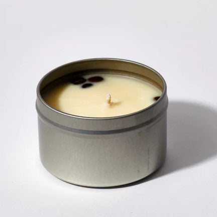 Open Candle without lid showcasing a Coffee Vanilla Candle with real beans inside