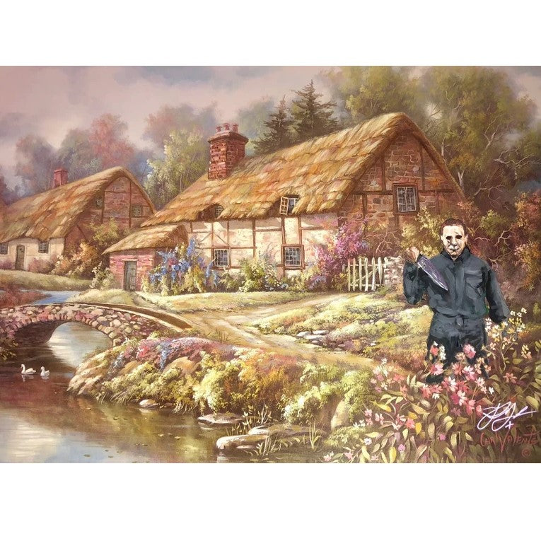 Thrift Store Art Print that has been altered to include Michael Myers