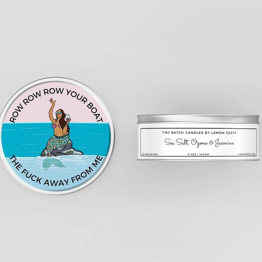 Tin Candle with artwork by Lemon Zesty featuring a mermaid holding a drink